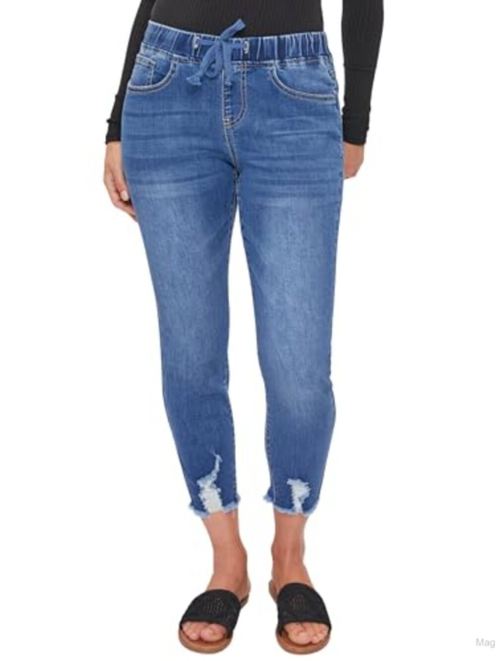 Petite High Rise Denim Ankle Joggers Distressed Frayed Hem Drawstring